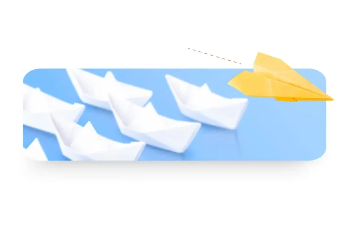 Illustration symbolisant la progression vers la certification collective : plusieurs bateaux en papier blancs alignés sur fond bleu avec un avion en papier jaune représentant le leadership et l’objectif atteint.