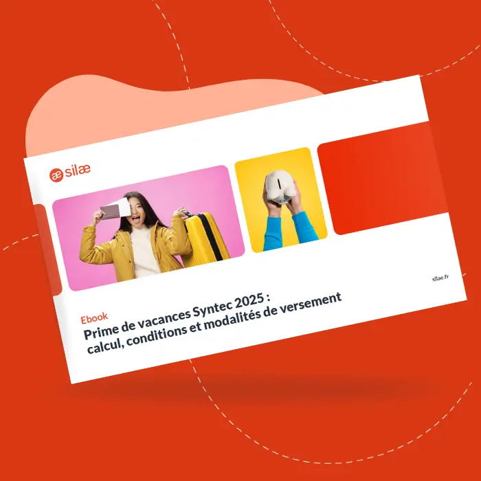 Couverture de l'ebook Silae sur la prime de vacances Syntec 2025, avec une salariée en tenue estivale et une tirelire blanche illustrant la thématique RH et paie