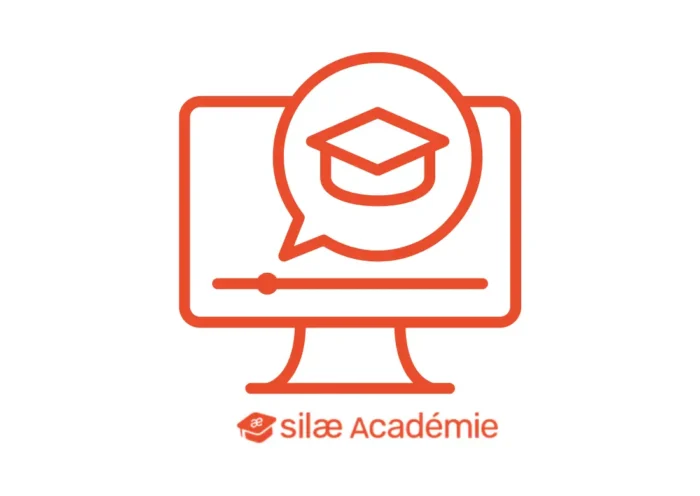 Icône illustrant la formation en ligne : écran d’ordinateur avec un symbole de chapeau académique dans une bulle, représentant les e-learnings et la formation initiale via la Silae Académie.