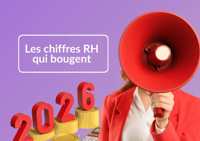 Illustration des chiffres RH 2026 avec une professionnelle tenant un mégaphone, symbolisant la diffusion d’indicateurs clés et des évolutions RH à anticiper